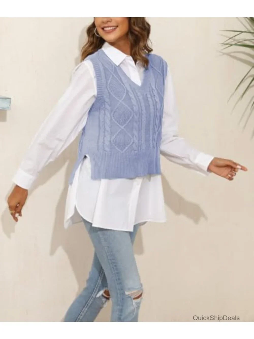 V Neck Sleeveless Knit Sweater Vest Cotton Acrylic Casual Preppy Pullover